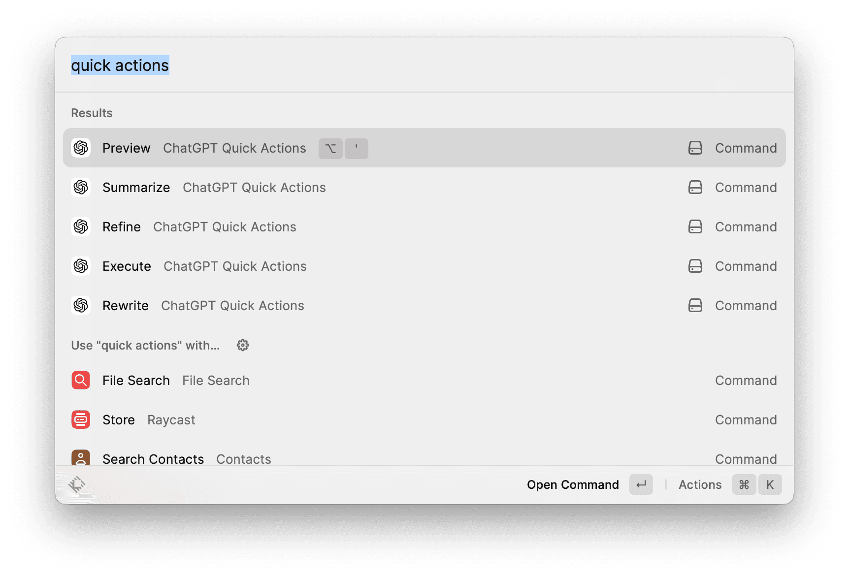 Several commands available in the Raycast Extension.