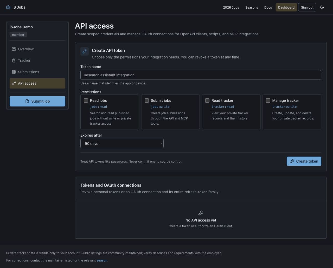 ISJobs API access screen with separate permissions for reading jobs, submitting jobs, reading the tracker, and managing the tracker