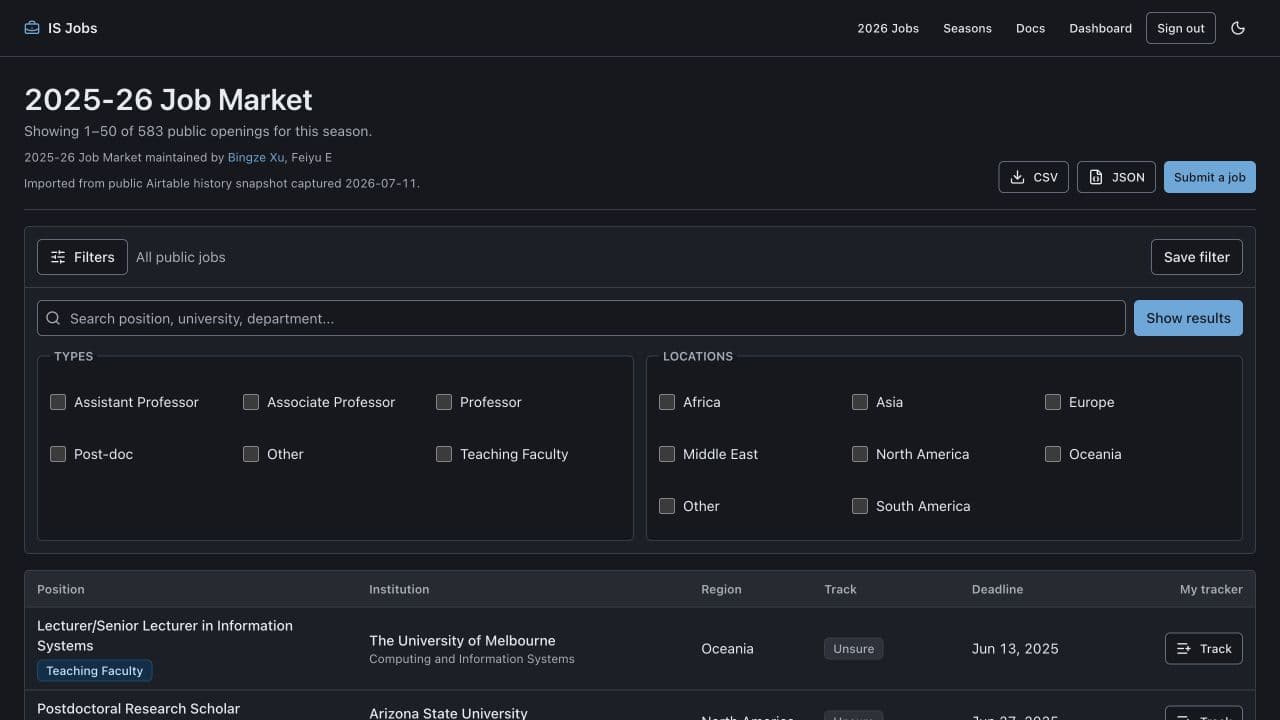 ISJobs seasonal job database with search, job-type filters, location filters, and public openings